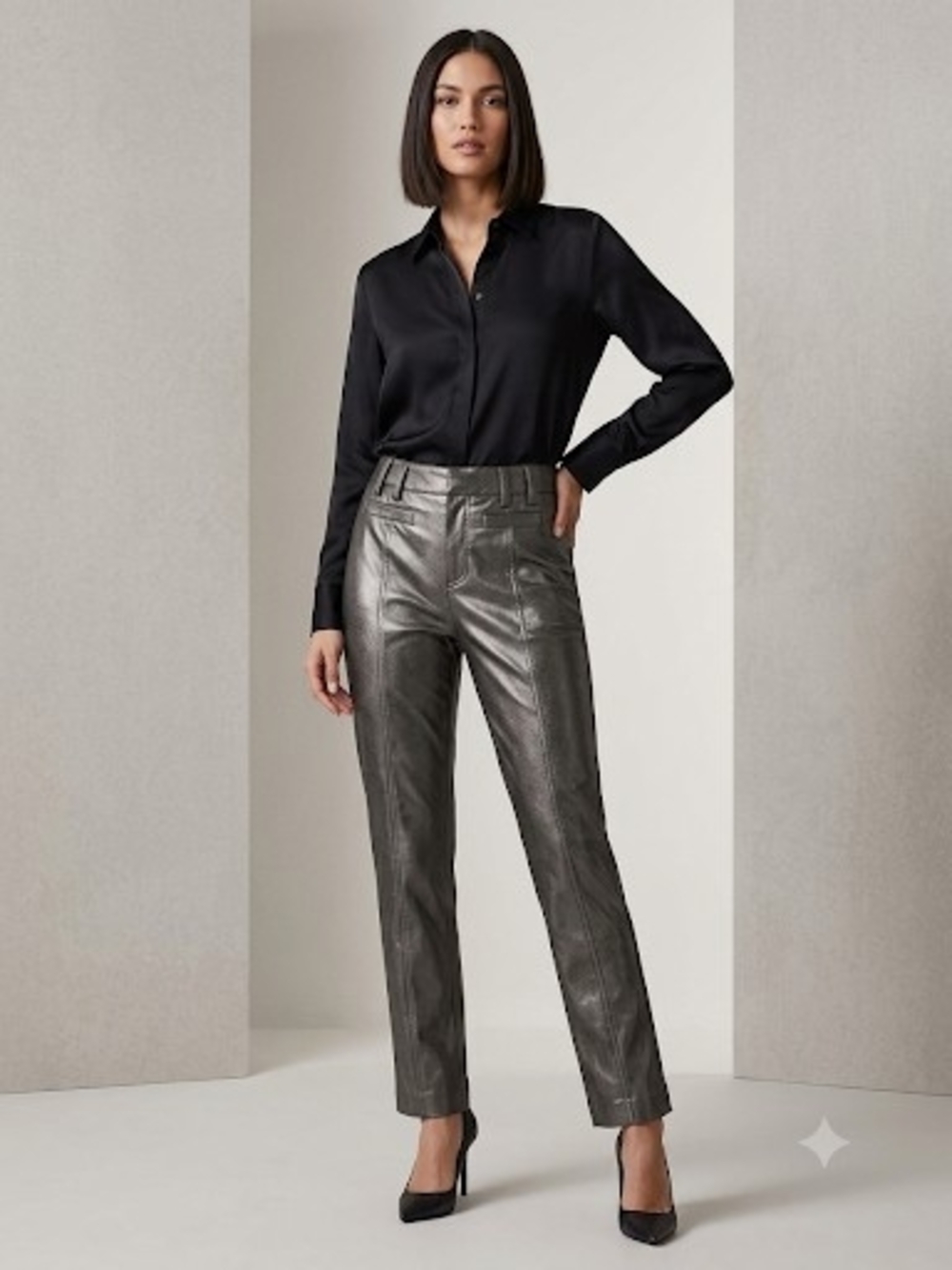 Karl Lagerfeld Paris Faux Seamed Trousers Metallic Charcoal  Size10